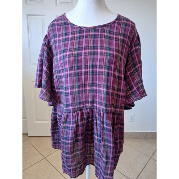 Terra & Sky Women's Plus Flutter Baby Doll Top 0X‎ (14W) Purple Plaid Oxford - Picture 1 of 14